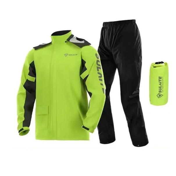 Motocyklový dešťový oblek unisex bunda a kalhoty ultralehký 3vrstvý polyester TPU s kapucí návleky a reflexními prvky zelená L