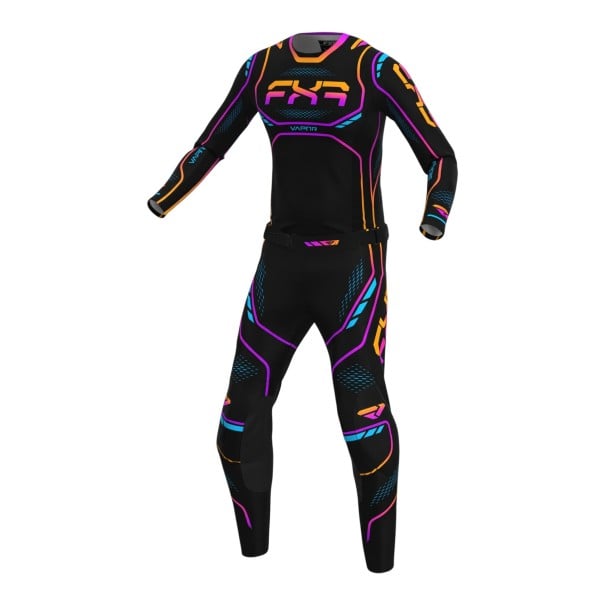 Motokrosový dres s dlhým rukávom a nohavice v sete s neonovými linkami v prechode ružovej a oranžovej a tyrkysovými detailmi čierny XS