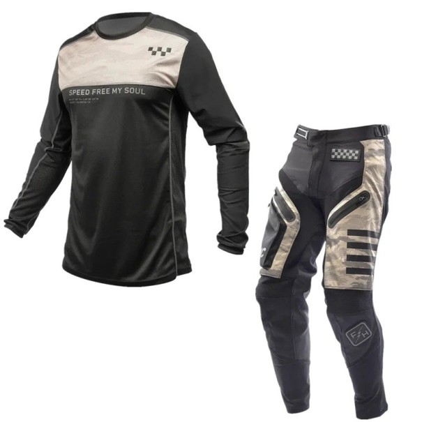 Motokrosový set dres a kalhoty Dlouhý rukáv Zesílená kolena Polyester a nylon Černo-pískový Unisex moto oblečení na motokros a enduro XL