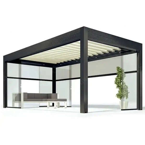 Motoryzowana aluminiowa pergola bioklimatyczna z ruchomymi lamelami i oświetleniem LED w rozmiarze 3 x 3 lub 3 x 4 m wodoodporna antracytowa na taras 1