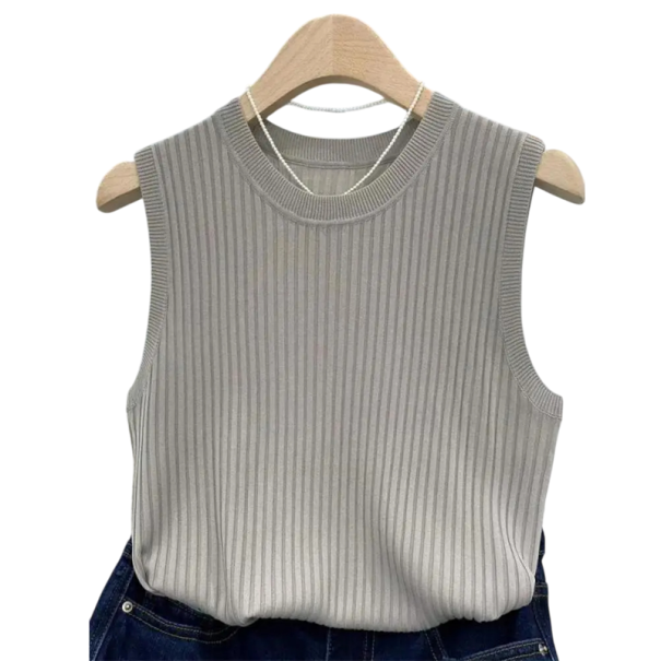Mouwloos gebreid topje voor dames Elegante ribbrei Lichtgewicht zacht materiaal Ronde hals Lossere pasvorm Stijlvolle zomeroutfit grijs