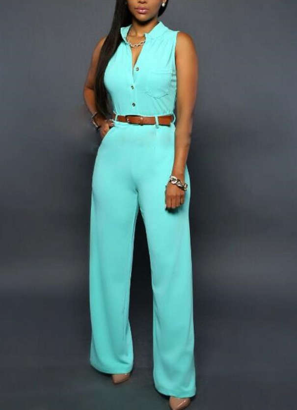 Mouwloze jumpsuit voor dames met riem turquoise L