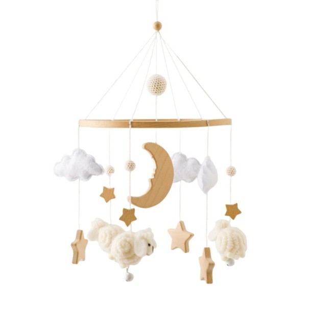 Móvil infantil para cuna, motivo de luna, estrellitas, nubes y ovejas, decoración para calmar, ideal para dormir blanco