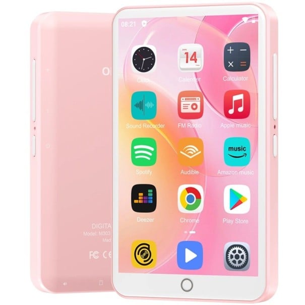MP3 přehrávač 16 GB s Androidem 9.0 displej 4 palce Bluetooth a WiFi baterie 2000 mAh nabíjení USB-C na poslech hudby a e-knihy růžová