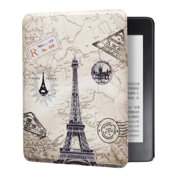 Μπεζ θήκη flip 6 ιντσών για Kindle 10ης γενιάς 2019 με τον Πύργο του Άιφελ σε παλιά χάρτη και ταχυδρομικά σφραγίσματα και με λουράκι και προστατευτική 1