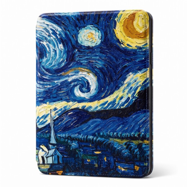 Μπλε-κίτρινη θήκη flip 6 ιντσών για Kindle 10ης γενιάς 2019 με πίνακα της κυματιστής νυχτερινής ουράνιας και του φεγγαριού πάνω από το χωριό 1