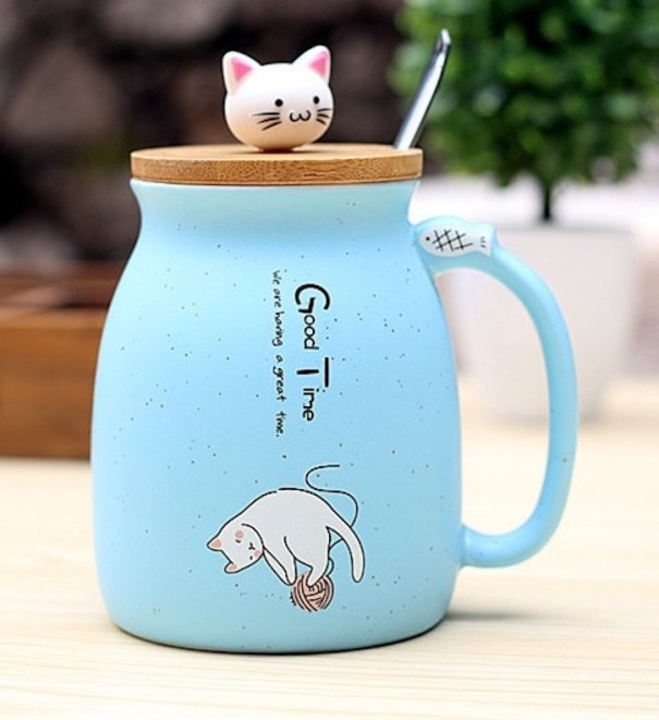 Mug and Spoon with Cat blue