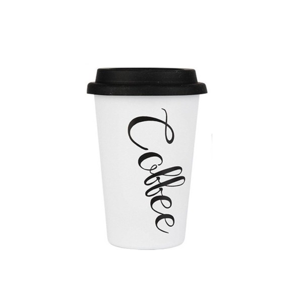 Mug da viaggio per caffè 350 ml in acciaio inossidabile Coperchio in silicone Scritta decorativa con motivo caffè Dimensioni 12,5 x 8,8 cm bianco