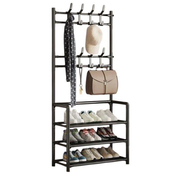 Multi-Layer Coat and Shoe Rack 3 Shelves and 8 Hooks 135 x 60 x 25 cm 1