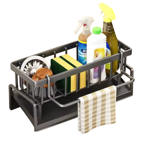 Multifunctional Sponge and Cleaning Utensil Drainer Kitchen Organiser Practical Holder with Compartments Modern Design Dimensions 23x9x10.7 cm grey