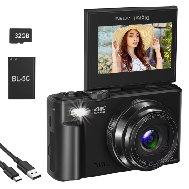 Multifunctionele camera 64 MP 4K 4096 × 2160 18× zoom Uitschuifbaar scherm 180° Webcam met WiFi Vlog set met 32GB SD-kaart 1