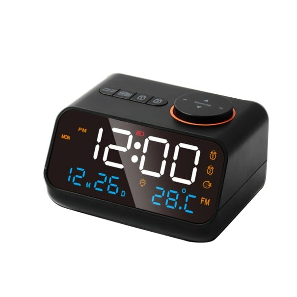 Multifunctionele LED-wekker met FM-radio 11,3 x 8,6 x 7,15 cm Temperatuur Vochtigheid USB-voeding 2 alarmen Spraakgestuurde wekfunctie zwart