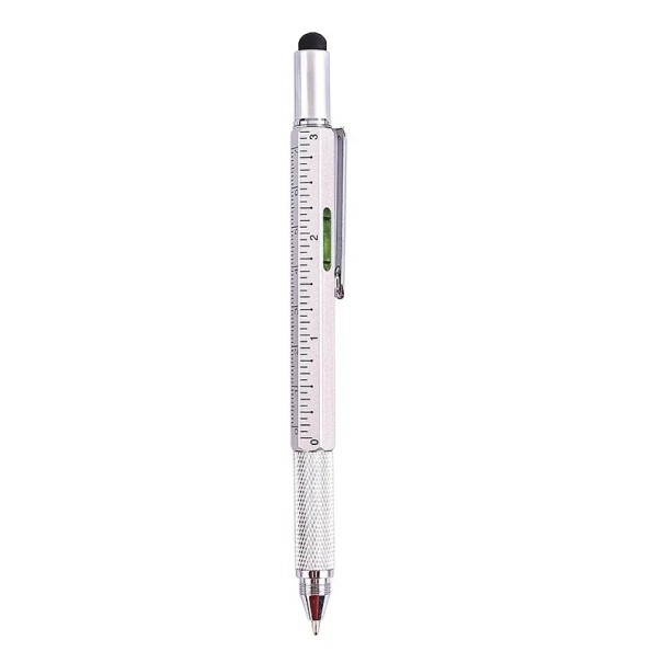 Multifunctionele pen met liniaal, stylus, waterpas en schroevendraaiers voor touchscreens en reparaties zilver