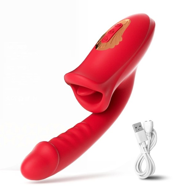 Multifunkční vibrátor s tvarovanými důlky, jazykem, sáním a více než 10 vibračními módy 24 cm USB nabíjení diskrétní balení červená