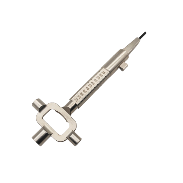 Multifunkční zámečnický měřicí klíč 195 mm kovový nástroj se stupnicí, hrotem 3 mm a hlavicemi 6 mm, 7 mm, 8 mm 1