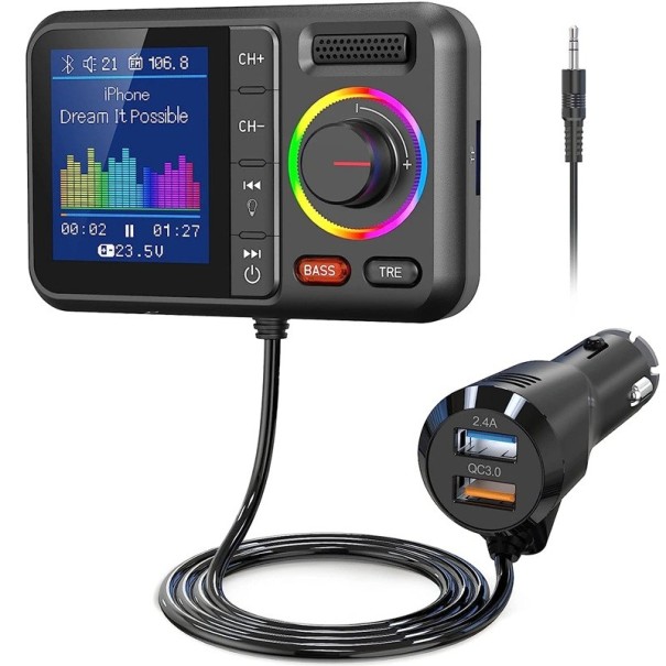 Multifunkcyjny bezprzewodowy nadajnik FM do samochodu z dużym kolorowym wyświetlaczem Odtwarzacz MP3 Adapter AUX Podwójne USB QC3.0 12V szybkie 1