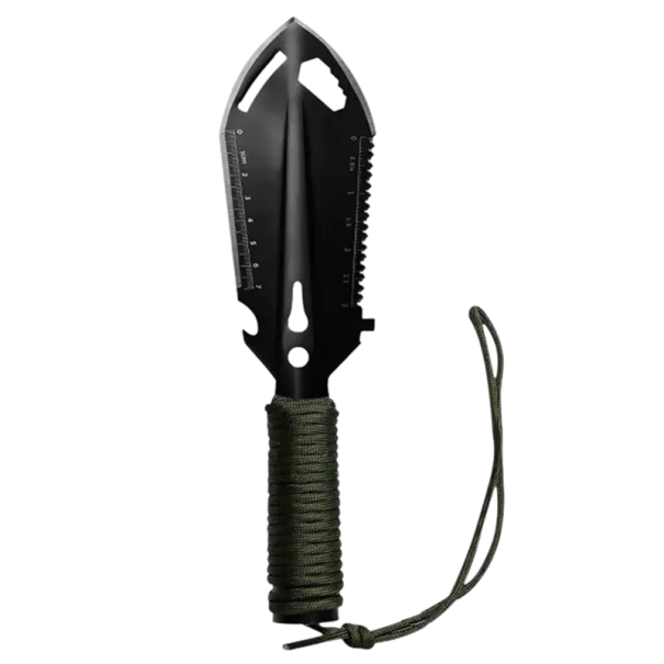 Multifunktionale Outdoor-Schaufel 6in1 26,5 x 7 cm mit Säge und Maßstab aus schwarzem Stahl für Camping, Wandern und Survival schwarz