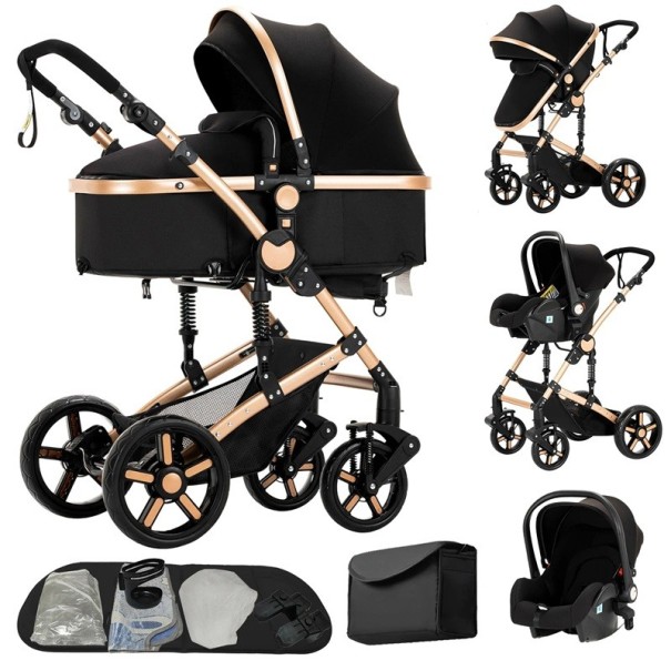 Multifunktionaler Kinderwagen 3in1 mit Autositz und Wiege, gefedertes Gestell, Baumwolle, kombiniertes System für den täglichen Gebrauch schwarz-gold