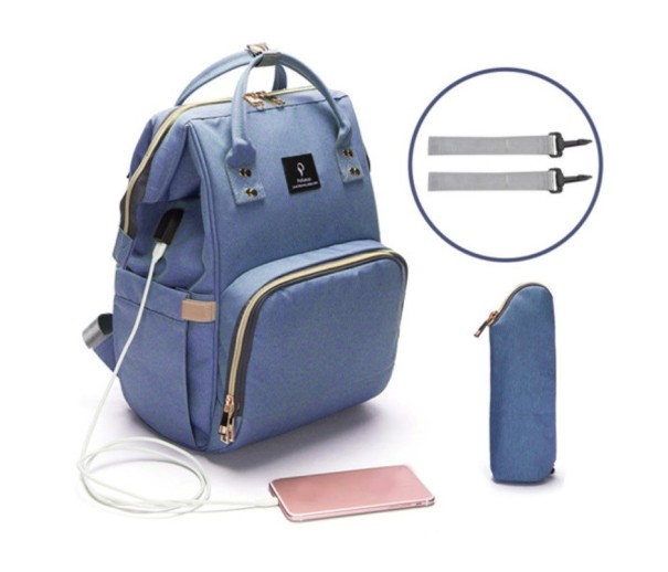 Multifunktionaler Wickelrucksack mit USB blau