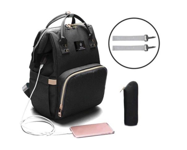 Multifunktionaler Wickelrucksack mit USB schwarz