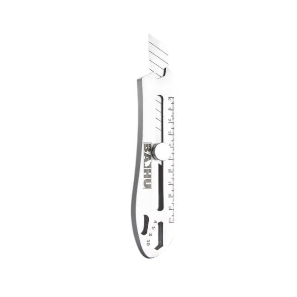 Multifunktionell fällkniv 15,3 cm Metallkropp Skärande Öppningsskruvar och lock Linjal Svart universalkniv Exakt bladjustering silver