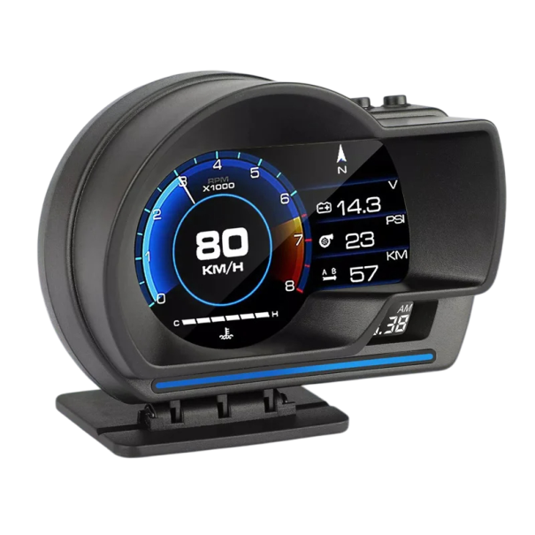 Multifunktionelt head-up-display OBD2- og GPS-tilstand 8,6x7,5x11 cm Stand 9 skærme Hastighed Omdrejninger/min. Temperatur Brændstofforbrug Alarmkoder 1