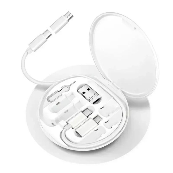 Multifunktionelt sæt med adaptere og kabler i et kompakt etui USB, USB-C, Lightning, Micro USB i sort eller hvid hvid