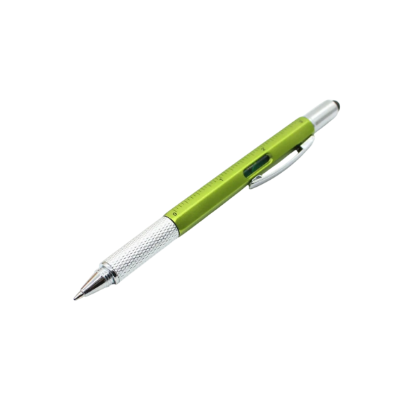 Multifunktionsstift mit Touch-Tip, Lineal, Wasserwaage, Schraubendreher und Kugelschreiber grün