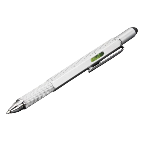 Multifunktionsstift mit Touch-Tip, Lineal, Wasserwaage, Schraubendreher und Kugelschreiber silbern