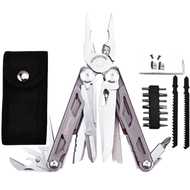 Multifunktionszange 18 cm faltbares Multifunktionswerkzeug mit Messer, Säge und Bits für Camping, Outdoor und kleine Reparaturen grau
