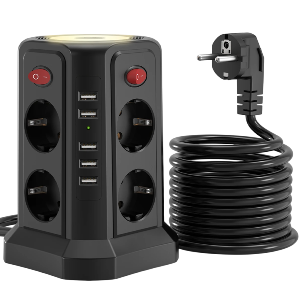 Multiplicador de 8× tomadas AC e 5× USB-A 3m cabo EU tomadas 2,4A 10A Controlo de alimentação Luz nocturna Protecção contra sobretensão sobrecarga 1
