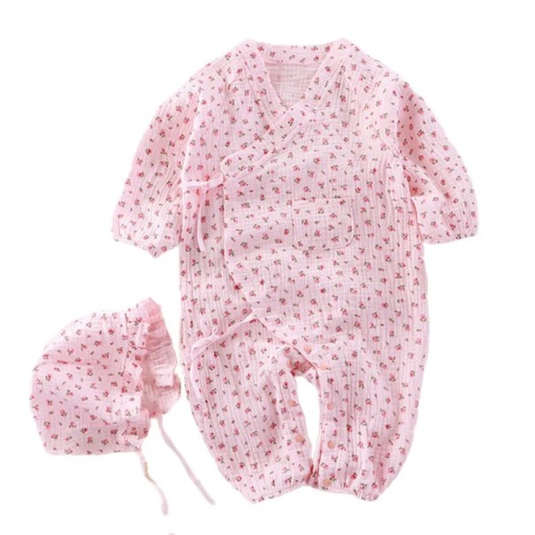 Musselin Baumwoll Overall für Neugeborene mit langen Ärmeln und V-Ausschnitt Rosa Unisex Overall mit Blumenmuster und Schnürung 6-9 Monate