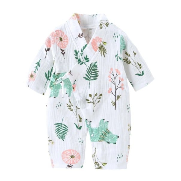 Musselinen katoenen overall voor pasgeborenen met lange mouwen en V-hals Witte unisex overall met bloemen- en berenmotief 0-3 maanden