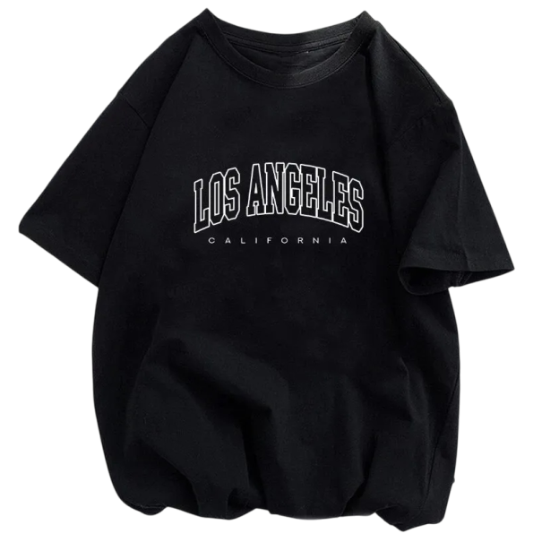 Musta naisten lyhythihainen Los Angeles California -t-paita, urbaani tyyli. Mukava löysä istuvuus. Pyöreä pääntie. Puuvillaa vapaa-aikaan. XS