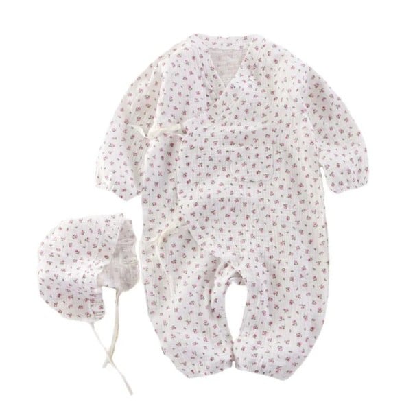 Muszlin pamut overall újszülötteknek hosszú ujjú és V-kivágással Fehér unisex overall virágmintával és fűzős hasítékokkal 3-6 hónap