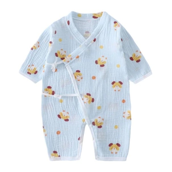 Muszlin pamut overall újszülötteknek hosszú ujjú és V-kivágással Kék unisex overall kutyás mintával és fűzős hasítékokkal 0-3 hónap