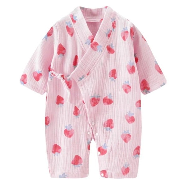 Muszlin pamut overall újszülötteknek hosszú ujjú és V-kivágással Rózsaszín unisex overall eper mintával és fűzős részekkel 12-24 hónap