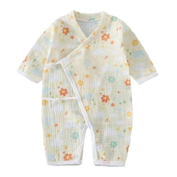 Muszlin pamut overall újszülötteknek hosszú ujjú és V kivágással Sárga unisex overall virágmintával és fűzős hasítékokkal 6-9 hónap