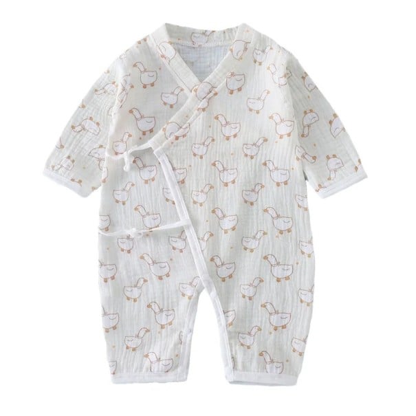 Muszlin pamut overall újszülötteknek hosszú ujjú és V-nyakkal Szürke unisex overall kacsás mintával és fűzős oldalsó részekkel 9-12 hónap