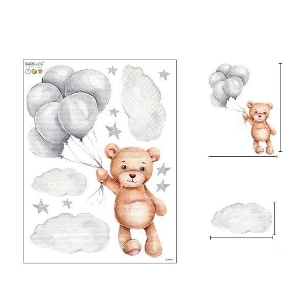 Muurstickers 53 x 40 cm Beer met grijze ballonnen Transparante matte vinyl Zachte decoratie voor de kinderkamer Schattige wanddecoratie 1