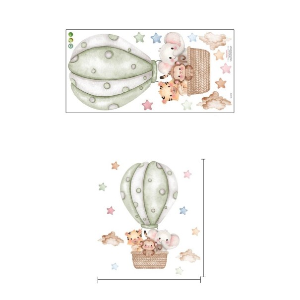Muurstickers voor de kinderkamer 67,2 x 60,08 cm Tijger, aap en olifant in groene ballon wanddecoratie van transparant mat vinyl 1