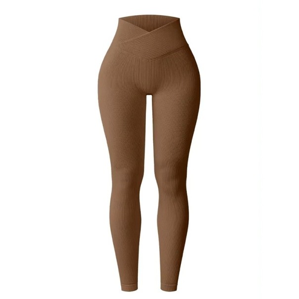 Naadloze sportlegging voor dames met hoge V-taille, elastische, slanke fitnessbroek tot op de enkels, comfortabele sportlegging voor het sporten bruin S