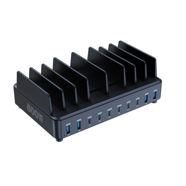 Nabíjacia stanica 500W 10 portov GaN USB-C USB-A AC 100–240V čierna stolná rýchlonabíjačka pre telefóny tablety notebooky 1