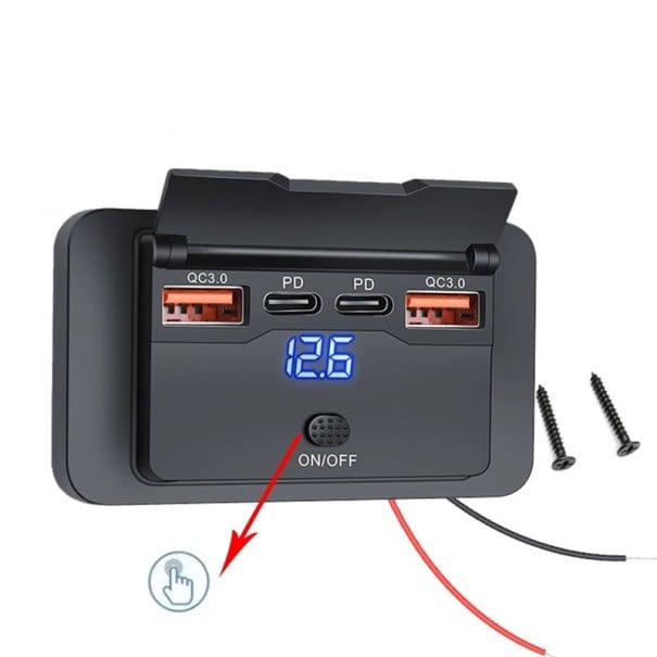Nabíjačka do auta 4 porty 2× USB-C PD + 2× QC3.0 105W rýchlonabíjanie s vypínačom a voltmetrom 12-24V nylon čierna pre auto a karavan