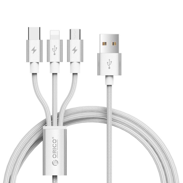 Nabíjecí kabel USB na Micro USB / USB-C / Lightning K665 stříbrná