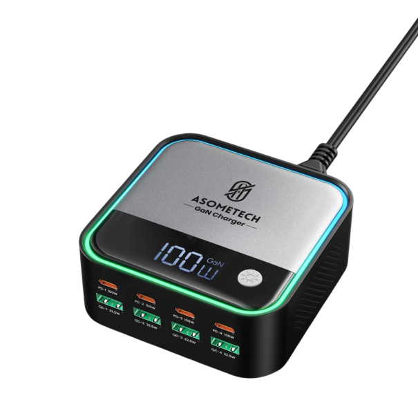 Nabíjecí stanice 8portová USB-C USB-A 95x95x42 mm GaN mini stolní černo stříbrná s ambientním osvětlením pro kancelář 1