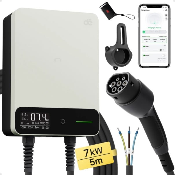 Nabíjecí stanice Type 2 7,4 kW 6A-32A 5 m LCD aplikace wallbox pro nabíjení elektromobilu doma i v garáži bílá