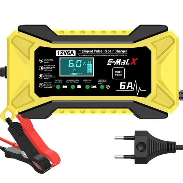 Nabíječka autobaterií 12 V 6 A Inteligentna automatyczna naprawcza ładowarka z wyświetlaczem LCD do akumulatorów ołowiowych, AGM, GEL, EFB i LiFePO4 gniazdo EU żółty