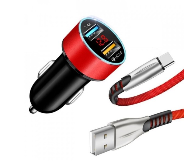 Nabíječka do auta Dual USB s kabelem K817 červená
