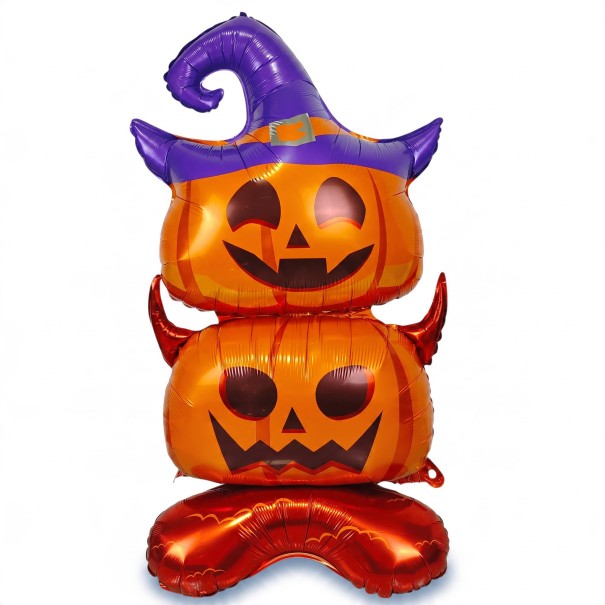 Nafukáló tök lufik varázslós kalappal Halloweeni dekoráció 150 x 70 cm Fóliás lufi Narancssárga és lila Partidísz 1